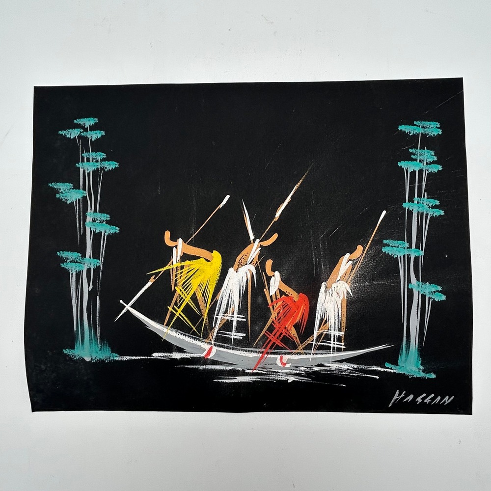 Vintage 1960's Hassan Signed African Folk Art Gouache Painting Black Paper